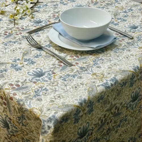 Image of Oilcloth PVC Table Cloth - William Morris Oilcloth, Strawberry Thief & Willow Bough Matte Finish Wipe Clean Table Cloth (Strawberry Thief in Linen/Plum, 132cm x 132cm Square)