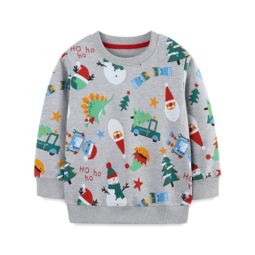 Image of TCWWBB Kids Christmas Jumper for 5-6 Years Old Xmas Sweatshirt Jumpers Boys Girls Unisex Santa Claus Car Snowmen Grey Tops Toddler Long Sleeve Cotton Pullover Outfits Casual Crewneck Winter Clothes