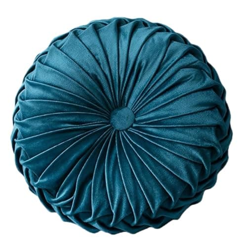 Image of Bprtcra Round Velvet Cushions, Round Pleated Cushion, Round Pleated Cushion, Handmade Velvet Cushion for Home, Sofa, Chair, Bed, Car, 35CM (Blue)