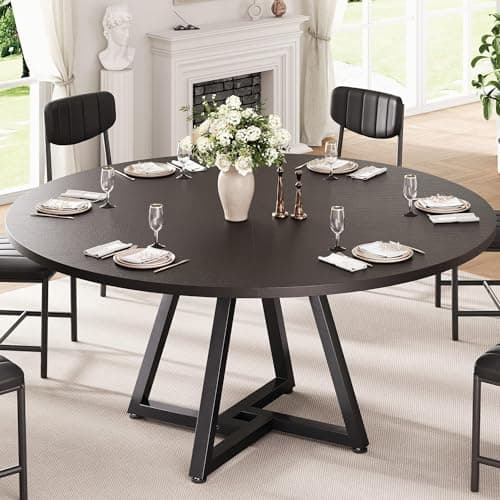 Image of Jocoevol Round Kitchen Dining Table for 4-6 People, Circle Dinner Table with Metal Frame, Space Saving Wood Industrial Furniture (Black, 51 inch