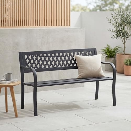 Image of Home Discount Garden Vida Steel Garden Bench, Lattice Style Design 3 Seater Outdoor Furniture Seating Park Patio Seat