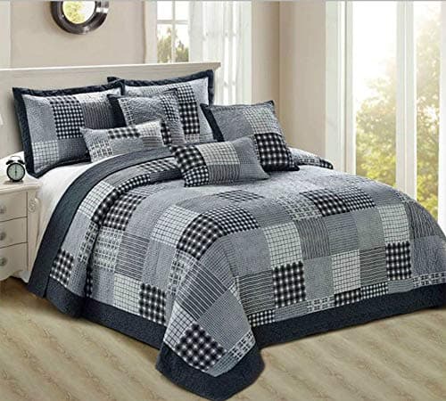 Image of Householdfurnishing 3 Piece Printed Patchwork Bedspread Quilted Bed Throw Comforter with Pillow Shams (Check, Single)