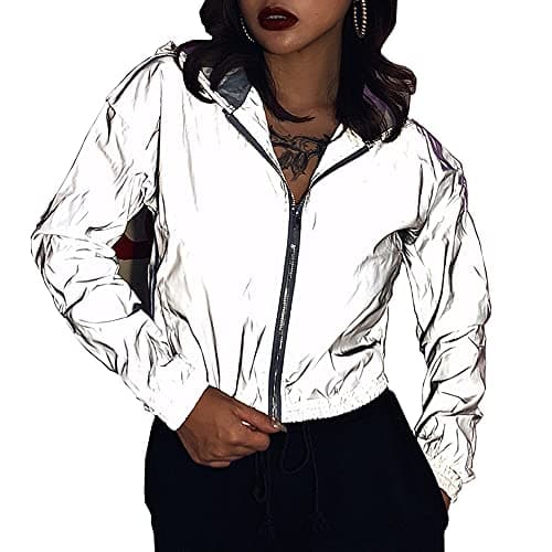 Image of NewL Women's Reflective Hoodie Zip Up Hooded Windbreaker Jacket Long Sleeve (S)