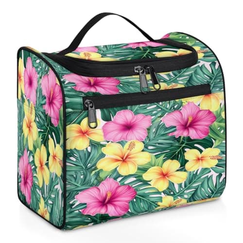 Image of VQUVQV Hanging Toiletry Bag for Women Men, Tropical Flowers and Palm Leaves Large Water-Resistant Travel Wash Bags, Cosmetic Makeup Bag Organiser with Hook for Travel, Gym, Holidays