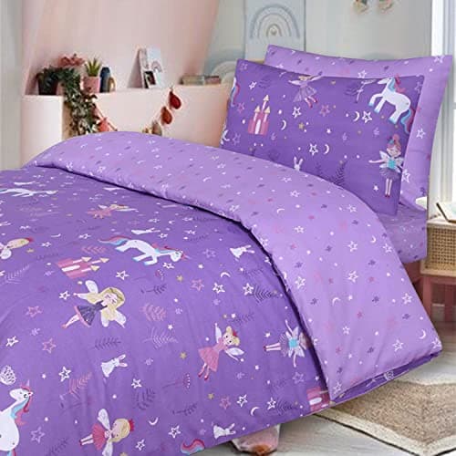 Image of DTEX HOMES - 100% Cotton Kids Childrens Bedding Set Reversible Duvet Cover With Pillowcases and Matching Fitted Sheet (Unicorn Purple, Single Complete Set)