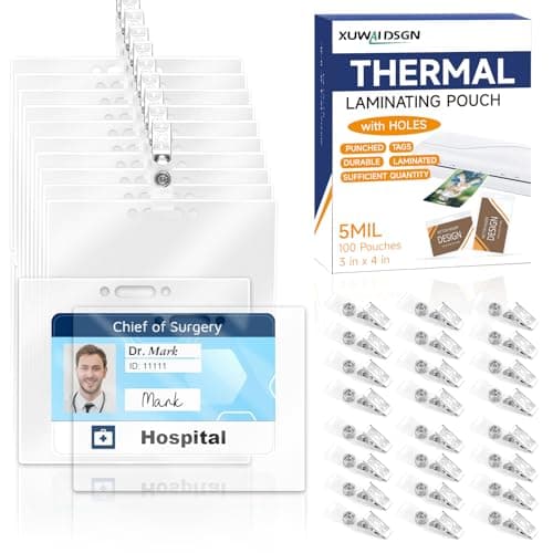 Image of 100 Pieces ID Laminating Pouches with 100PCS Clips 3x4in Government-Size Card Laminating Pouches ID Card Laminating Badges Badge Laminating Pouches with Hole for Work Permits Pass Cards