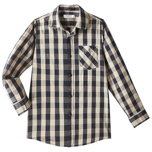 Image of DDILKE Boys' School Shirt Long Sleeve Uniform Shirts Plaid Button Down Poplin Shirt, Regular fit, Navy and Beige Large Check, Size 9-10 Years