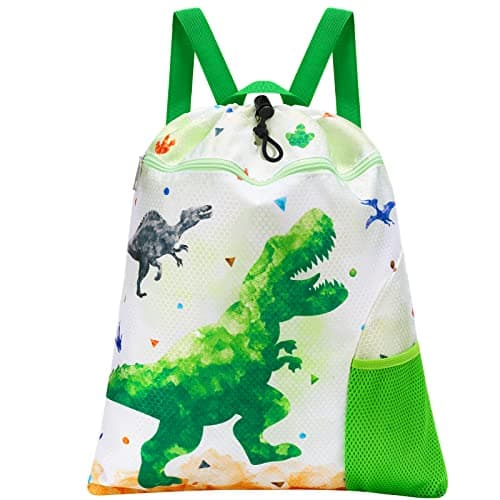 Image of WAWSAM Dinosaur Kids Drawstring Bag - Waterproof Draw String Bag Gym Bag for Boys Portable Lightweight Backpack Sport School Beach Travel Swim Sackpack with Zipper Pocket Water Bottle Pocket
