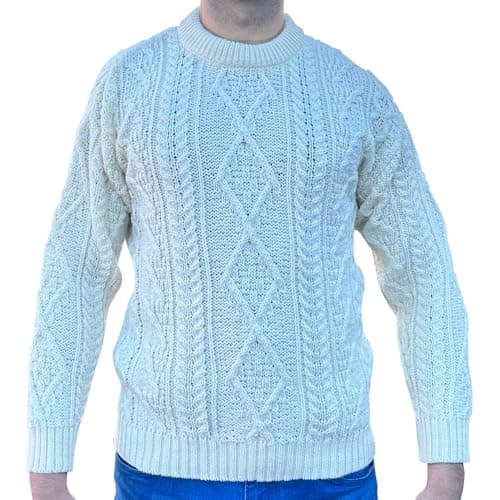 Image of British Wool 100% Pure Arran Jumper - Made in The UK– Round Neck Unisex Jumper – Super Warm and Cosy Sweater for Winter – (L, Cream)