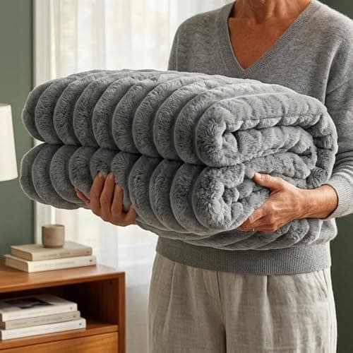 Image of Casabella Throw Blanket - Ribbed Fleece Blanket - Soft Fluffy, Warm & Cosy Sofa Throw - Large Fleece Blanket for Sofa Bed, Couch, Bedding - King Size 200x240 - Charcoal