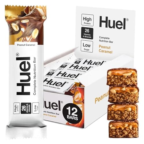 Image of Huel Complete Nutrition Bar, 12 x 55g Bars, Peanut Caramel, High Protein Bar, Plant-Based Protein Bars, Low Sugar, High Fibre, High-Protein Snack with Vegan Chocolate, Under 210 Calories