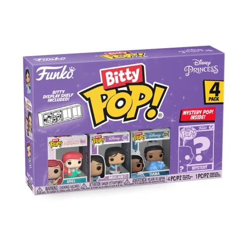 Image of Funko Bitty POP! 4 Pack: Disney Princess - Ariel, Mulan, Tiana, Mystery Mini Figure - Styles may vary - 0.9 inch (2.2 cm) Collectable - Stackable Display Shelf Included - Gift Idea - Cake Topper
