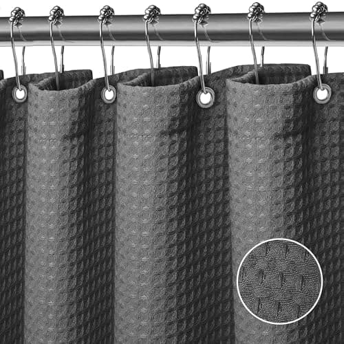 Image of FIISAYL Shower Curtain for Bathroom, Weighted Hem, Waterproof and Anti Mould Resistant Waffle Fabric Curtains with 12 Hooks, Machine Washable, for Wet Room and Bath, 183 x 183 cm,Dark Grey