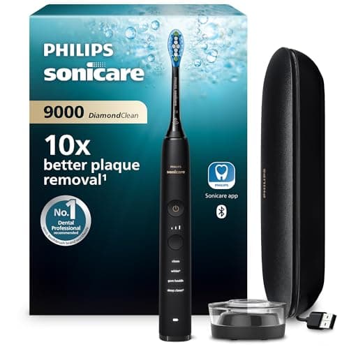 Image of Philips Sonicare DiamondClean 9000 Electric Toothbrush - with App, Pressure Sensor, 4 Brushing Modes, 3 Intensities, Charging Stand, USB Travel Case, Black, Model HX9911/39, UK 2-Pin Bathroom Plug