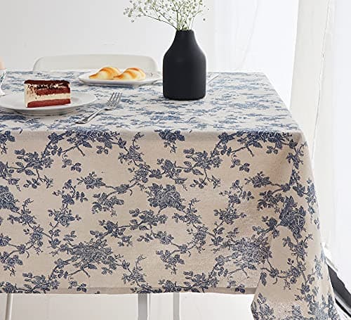 Image of Wracra Blue Floral Pastoral Table Cloth Cotton Linen Vintage 140×220cm Rectangular Tablecloth Indoor Outdoor Table Cover Suitable for Party,Picnic,Dining,Garden(Blue Floral, 140×220cm)