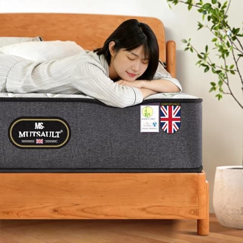 Image of Mutsault Double Mattress 4FT6, Hybrid Pocket Sprung Mattress with Memory Foam & Bamboo Fibre Cover, 5-Zone Orthopaedic Support for Back Pain Relief, Medium Firm, 22cm Deep 135 X 190cm