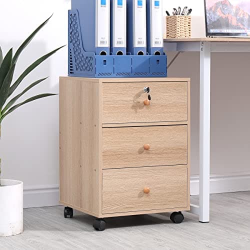 Image of Mobile Lockable File Storage Cabinet with 3 Drawers on Wheels Under Desk Wood Beside Cabinet Pedestal for Unit Document Home Office Printer Stand Filing Side Drawers Nightstand on Caster (walnut)
