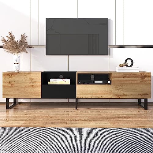 Image of Merax TV Stand, TV Cabinet for TVs up to 75 Inch, Entertainment Unit for Living Room, Large Storage Media Console,Black & Wood,190 L x 38 B x 48 H CM