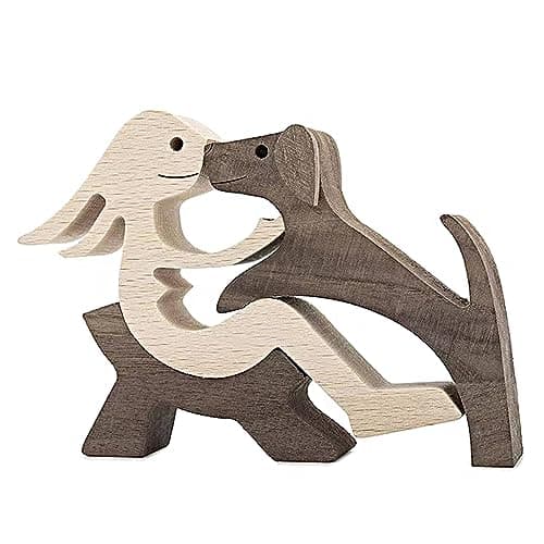 Image of EULAPGOE Wooden Lovely Pet Carving Ornaments, Natural Solid Wood Cute Puppy Family Wooden Carving, dog and People Crafts Statue Sculpture Ornament Home Decor, Pet Lover Creative Gifts Kiss Puppy