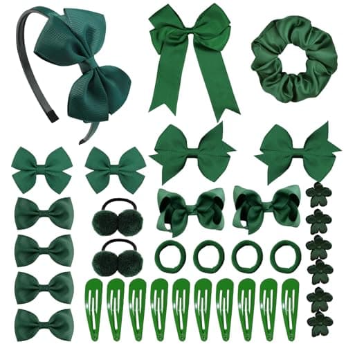 Image of 35Pcs Green Hair Accessories for Girls School, Headband Making Kit Hair Clips Bows Hairpins Ribbon Barrettes Ponytail Holders Elastics Hair Bands,School Uniform Party Gift Set for Kids Toddlers Teens