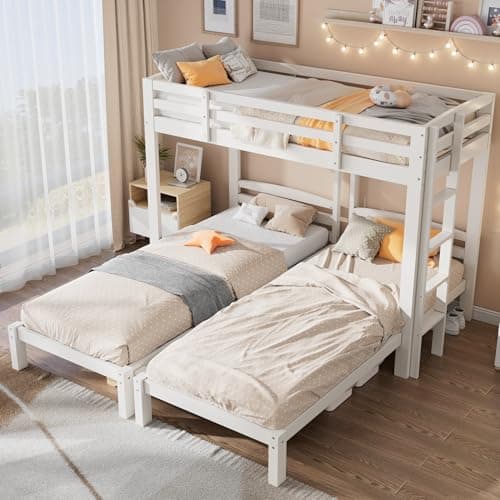 Image of Merax Triple Bunk Bed, Three Sleepers, 3ft Single Bed Frame for Kids/Children/Teenagers, 2 Beds of 90X190, 1 Bed of 90X200, Solid Pine Wood, White(Without mattress)