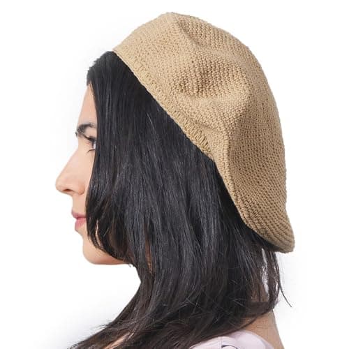 Image of CHARM Knit Beanie Hats for Women & Men's Berets, 100% Cotton Crochet Cap Handmade French Beret for Summer & Winter, Beige