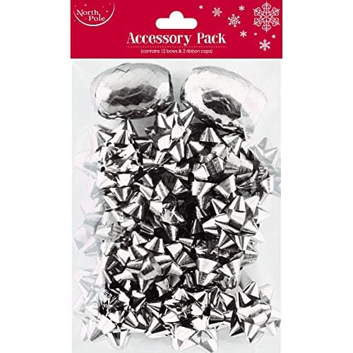 Image of North Pole Christmas bows and ribbon cop set xmas gift bows METALLIC foil silver accessory pack