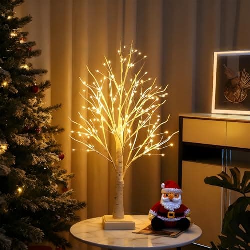 Image of 60cm Birch Twig Tree with 144 Warm White LED Lights, Battery Operated or USB Plug-in, Auto-Off Timer, Birch Tree with Lights, Easter Tabletop Centerpiece Decoration for Easter Home Party Wedding