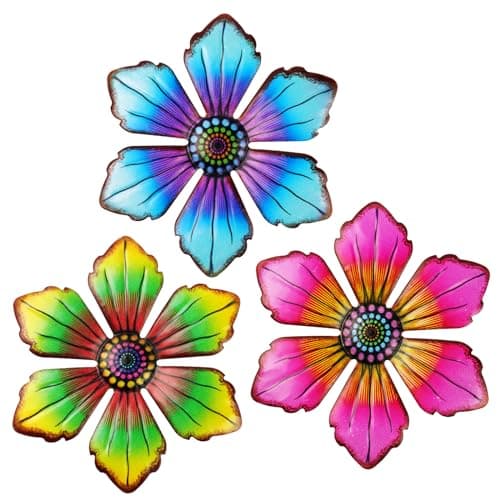 Image of OFFCUP Metal Flowers Wall Decor, 3 Pack Wall Art, Wrought Iron Colorful Flowers Wall Sculptures, Outdoor Garden Fence Ornaments Hanging for Backyard, Porch, Patio