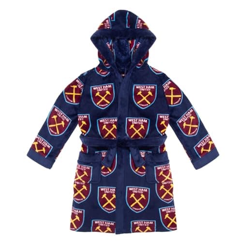 Image of West Ham United FC Official Gift Boys Fleece Dressing Gown Robe Navy Crest 7-8 Years