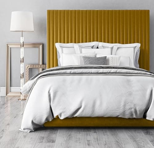 Image of AuGold Beds Upholstered Super King Bed Frame 6FT - River Plush Velvet Super King size Bed Frmae - SuperKing Bed Frame - Mustard Plush