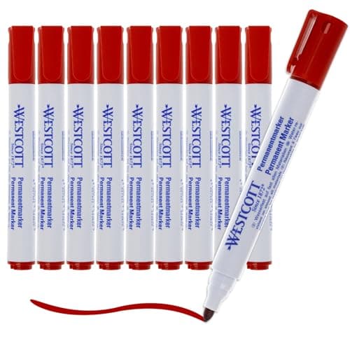 Image of Westcott Permanent Marker 10 pieces Red | Value pack waterproof marker pens | 1.5-3.0 mm bullet tip | lightfast, quick-drying, smudge-proof | E-713006 00