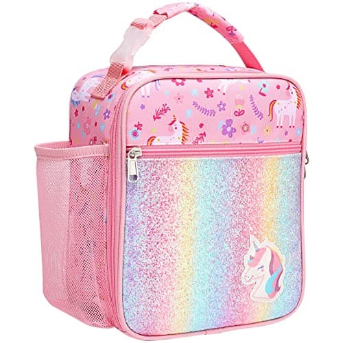 Image of Bagseri Lunch Bag for Girls - Insulated School Lunch Box with Bottle Holder, Portable Reusable Thermal Cooler Tote for Nursery, 6L Capacity, Glitter Pink Unicorn