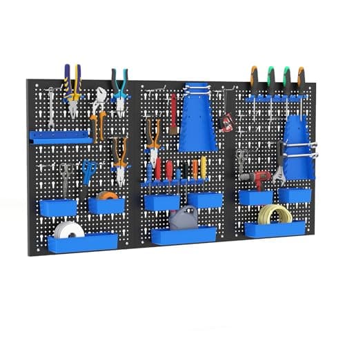 Image of COSTWAY 120 x 60cm Pegboard Organizer Kit, Wall Mounted Tool Rack with 3 Pegboards & Hanging Accessories, Garage Tool Storage Peg Board for DIY Workshop Craft Room (Black + Blue, 34 PCS Accessories)