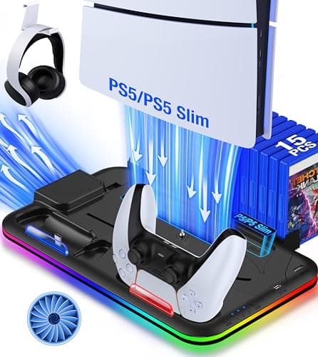 Image of Fanxieast Enhance PS5/Slim Stand and Cooling Station with Dual Controller Charging,3-Level Adjustable PS5 Cooling Fan, Headset Holder &15 Game Storage Slots&RGB LED