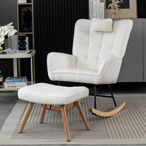 Image of ModernLuxe Soft Rocking Chair with Footstool, Comfortable Nursing Chair with Armrests, Neck Pillow and Wide Backrest, Solid Wood Legs, Suitable for Relaxing in Living Room, Patio or Yard, White