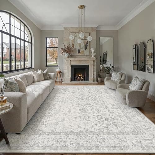 Image of PureCozy Grey Rugs Living Room 240x300 cm Extra Large Vintage Washable Non Slip Area Rugs Retro Floral Lightweight Carpet for Bedroom Dining Room Hall Lounge Office Indoor Home Decor