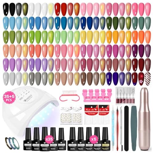 Image of VANREESA 35 Colours Gel Nail Polish Set with Lamp and Drill Classic Black White Red Neutral Pink Gel Nail Kit Starter Kit with Glitter Coat Suitable for All Seasons Manicure Tools Gifts for Women
