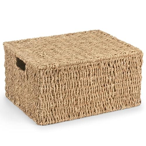 Image of Woodluv Storage Boxes with Lids, Woven Natural Seagrass, Nesting Storage Baskets for Shelves, Gift Hamper Basket | Shelf Hamper Organiser for Bathroom, Bedroom, Kitchen & Home Office, XLarge