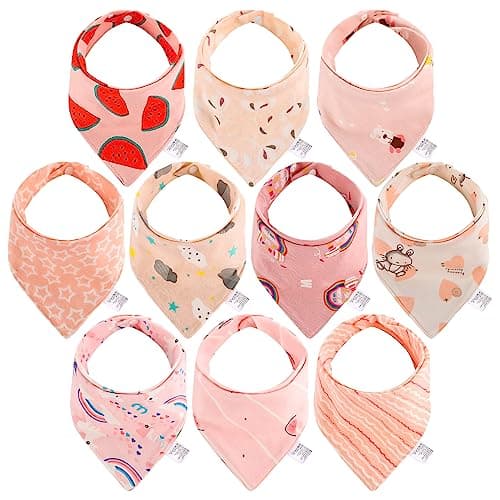 Image of Lanjue Baby Bandana Dribble Bibs, 10-Pack Cotton Baby Feeding Bibs Super Absorbent Drooling Bibs with Adjustable Snaps for Teething and Drooling (Pink)
