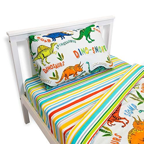 Image of Happy Linen Company Girls Boys Kids Dinosaur Park Jurassic T-Rex Dino Stripes Single Fitted Sheet