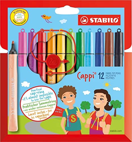 Image of STABILO Cappi - Fibre-Tip Pen with Cap-Ring - Pack of 12 - Assorted Colours with 1 Cap-Ring