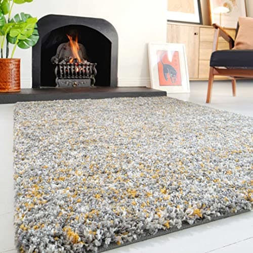 Image of Plush Shaggy Rugs Ochre Grey Soft Mottled Thick Pile Large Small Mustard Yellow Lounge Living Room Bedroom Area Rug 121cm x 171cm