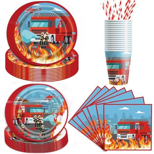 Image of MORAINJAY 84Pcs Fireman Party Tableware Set for Kids,Fire Truck Theme Table Decorations for Birthday,Include Paper Plates Cups Napkins Paper Straws,Firefighter Party Supplies Serves 16 Guests