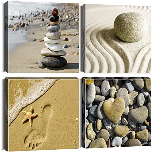 Image of Artscope 4 Pieces Wall Art Canvas Prints - Seaside and Stones Picture Painting- Modern Wall Artwork Framed for Bathroom Home Office Decor - 30 x 30 CM