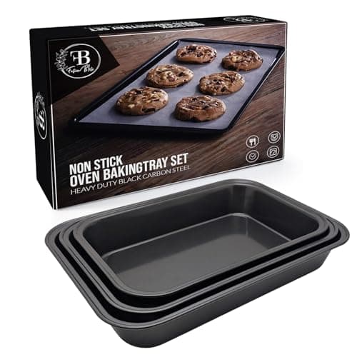 Image of Fusion Bliss Non-Stick Baking Tray Set for Oven – Heavy Duty Carbon Steel Roasting Trays & Oven Trays – Bakeware for Cookies, Cakes and Cooking Trays Assorted. Hand wash Recommended (Pack of 3)