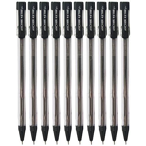 Image of Star Gel Pens, BLACK, Fine Point (0.7mm), Pack of 10, Comfort Grip, Smooth Fine Writing, School Office Home Everyday Use, iZOFAX Black Ball Pen