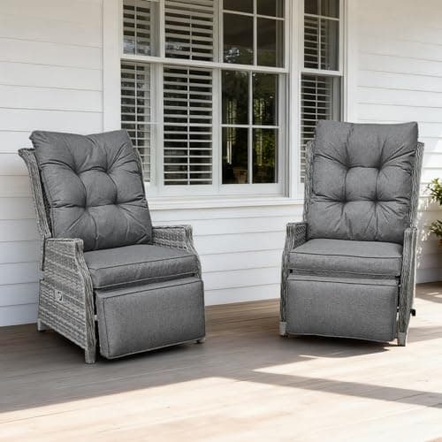 Image of COMLAX FIELD Garden Recliner Chairs 2PC, Rattan Reclining Sunlounger with Thick Cushions, Adjustable Sun Lounger with Flip Table for Indoor Outdoor, Dark Grey