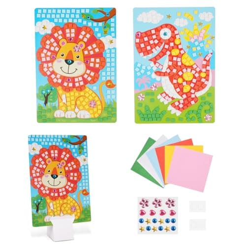 Image of AUAUY Sticky Mosaic Picture Kit for Creating, 2 PCS Mosaic Sticker Art Kits for Kids, Dinosaur Lion Mosaic Art Painting by Sticker, Toddler Hands DIY Arts and Crafts for Kids 3-8 Party Favors