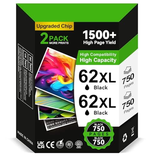 Image of INKYEAH 62XL High Yield Ink Cartridges Black- 2X 750 Pages, Replacement for HP 62 Black Ink Cartridges Original, Printer Ink 62 XL for OfficeJet 200 250 5742 5740 Envy 7640 5540 5640 5646